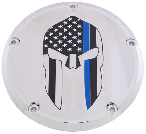 Custom Engraving Ltd LE02-46 Patriotic Derby Cover - Spartan Blue Line - Chrome