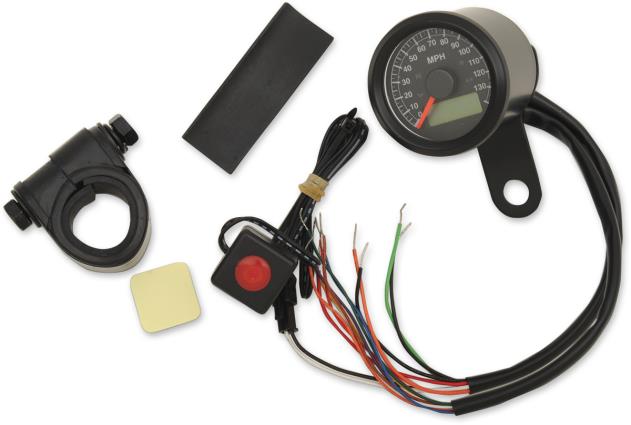 Drag Specialties 2210-0420 1-7/8in. Mini Programmable Electronic Speedometer w/ Indicator Lights - 120mph - Black Face