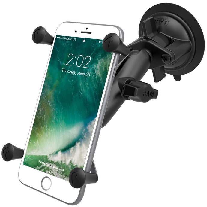 Ram Mounts RAM-B-166-UN10 RAM Twist Lock Suction Cup Mount, Std. Double Socket Arm & 1in. Ball w/ X-Grip - Large Phone/Tablet