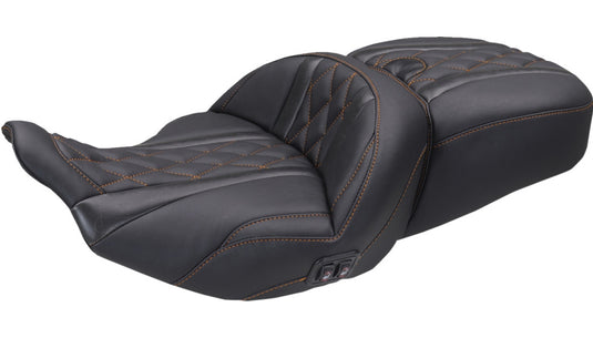 Mustang 89410MO Heated Super Touring One Piece 2-Up Seat - Deluxe Diamond - Mandarin Orange Stitch (Black)