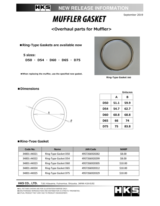 Hks 34001-AK025 HKS Exhaust Gaskets
