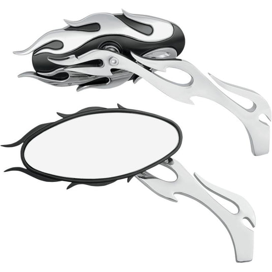 Drag Specialties 0640-0483 Flame Oval Mirror - Chrome/Black Finish