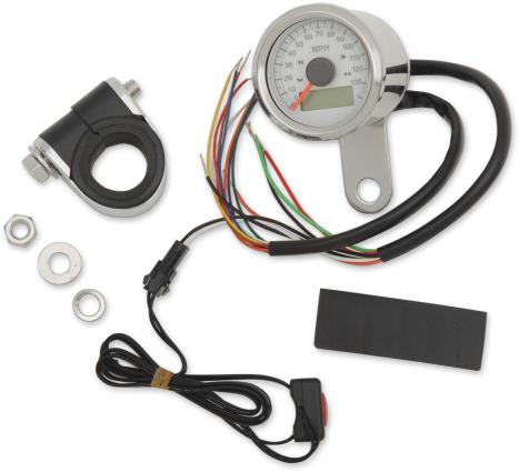 Drag Specialties 2210-0417 1-7/8in. Mini Programmable Electronic Speedometer w/ Indicator Lights - 120mph - White Face
