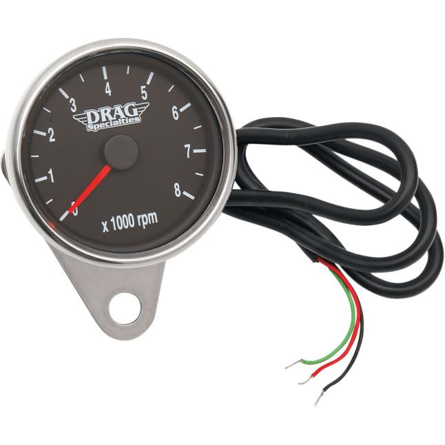 Drag Specialties 2211-0031 Polished 2.4in. Mini Electronic 8000 RPM Tachometer - Black Face with Orange Needle