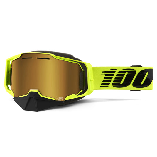 100% Armega Snowmobile Goggles (One Size Fits Most, Neon Yellow / Mirror Gold Lens)