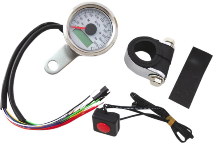 Drag Specialties 2210-0419 1-7/8in. Mini Programmable Electronic Speedometer w/ Indicator Lights - 220kph - White Face