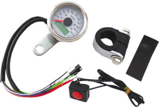 Drag Specialties 2210-0419 1-7/8in. Mini Programmable Electronic Speedometer w/ Indicator Lights - 220kph - White Face