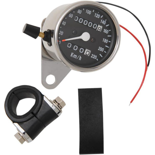 Drag Specialties 2210-0331 220 KM/H Mini Mechanical Speedometers w/ Chrome Housing - 2:1 Ratio w/ Black Face and Trip Meter