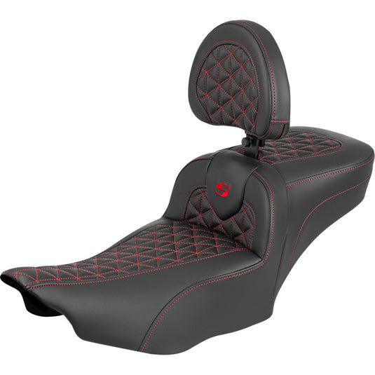Saddlemen 823-07-211B4 Extended Reach RoadSofa Tri-Gripper Seat with Drivers Backrest - Red Stitching