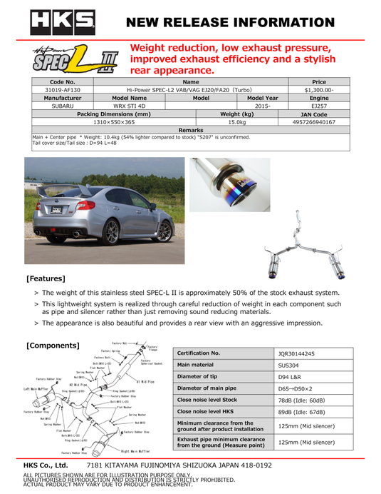 Hks 31019-AF130 HKS Exhaust - Hi-Power