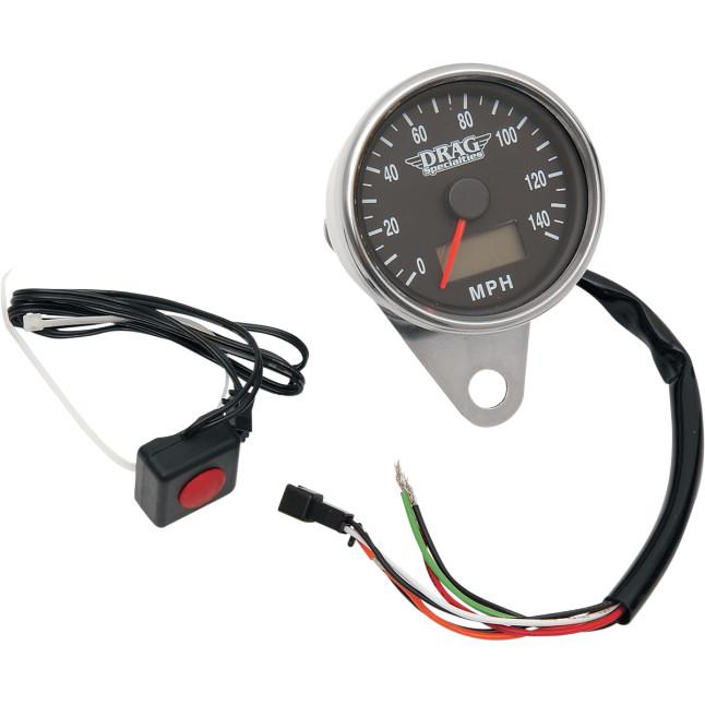 Drag Specialties 2210-0174 Programmable Mini Electronic Speedometer with Odometer/Tripmeter - 2.4in. - Polished/Black Face