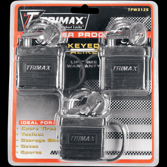 Trimax TPW3125 Weather-Proof Padlock - Set of Three Keyed-Alike Padlocks