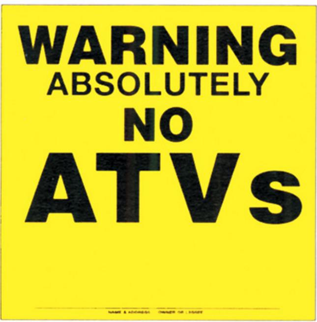 Voss 193 ATV YP 11-1/4.x11.1/4in. Plastic Trail Sign - Warning No ATVs (Yellow)