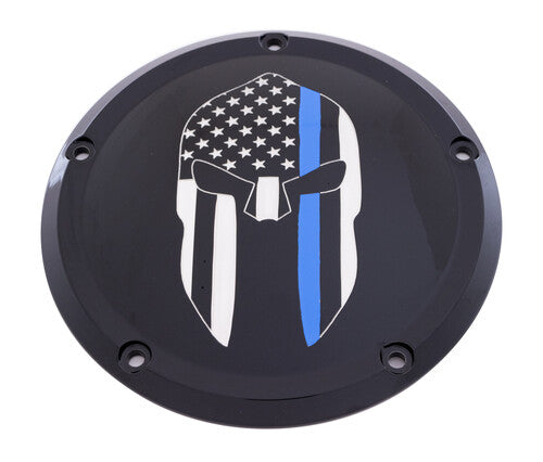 Custom Engraving Ltd LE02-46BG Patriotic Derby Cover - Spartan Blue Line - Black