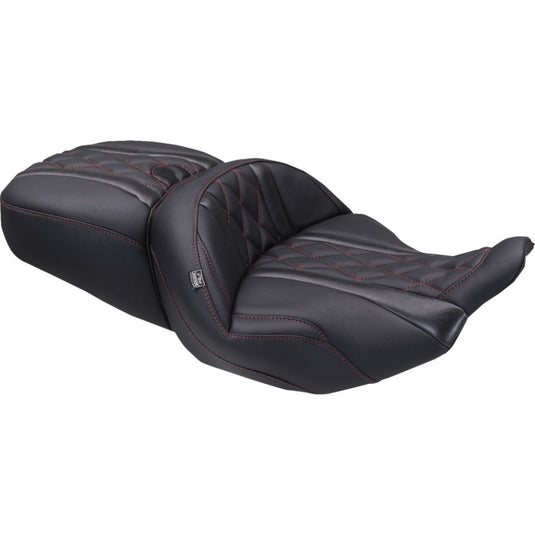 Mustang 89411DC One-Piece Deluxe Touring Seat - Black - Dark Cherry Diamond Stitching
