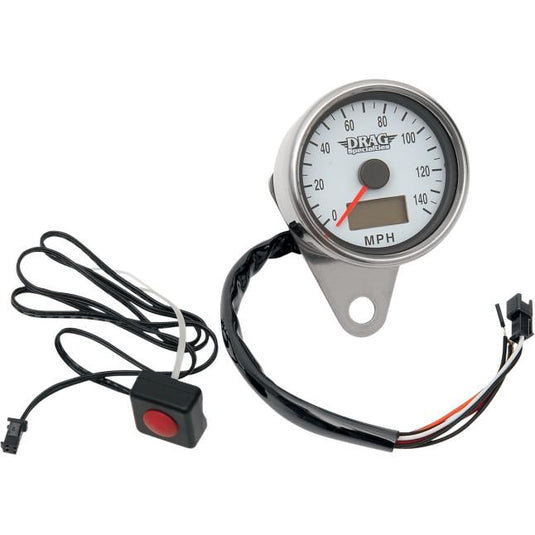 Drag Specialties 2210-0173 Programmable Mini Electronic Speedometer with Odometer/Tripmeter - 1.87in. - Polished/White Face