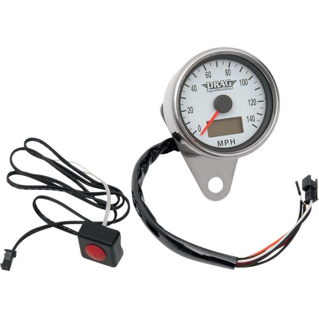 Drag Specialties 2210-0175 Programmable Mini Electronic Speedometer with Odometer/Tripmeter - 2.4in. - Polished/White Face