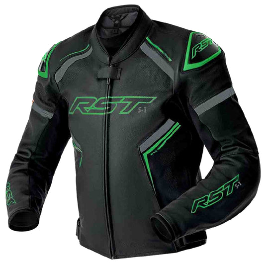 Rst S1 D30 Leather Jacket (Medium, Black/Gray/Fluo Green)