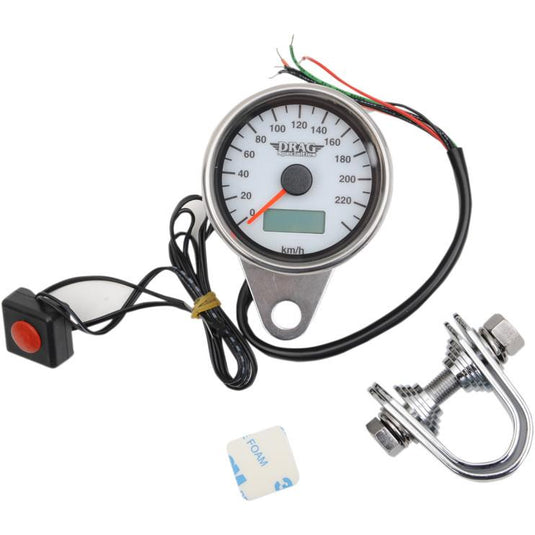 Drag Specialties 2210-0327 220 KM/H Mini Electronic Speedometer w/ Odometer/Tripmeter - Polished/White Face - 2.37in.