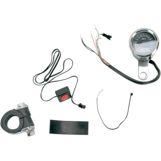 Drag Specialties 2210-0172 Programmable Mini Electronic Speedometer with Odometer/Tripmeter - 1.87in. - Polished/Black Face