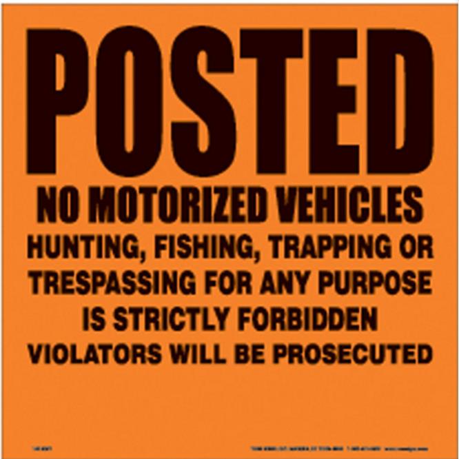 Voss 143 NMV OA 11-1/4.x11.1/4in. Aluminum Trail Sign - Posted No Vehicles (Orange)