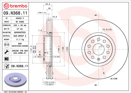 Brembo Oe 09.N368.11 BRE UV Coated OE Equiv Rotors
