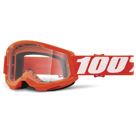 100% Strata 2 Junior Youth Goggles (One Size Fits Most, Neon Orange / Clear Lens)