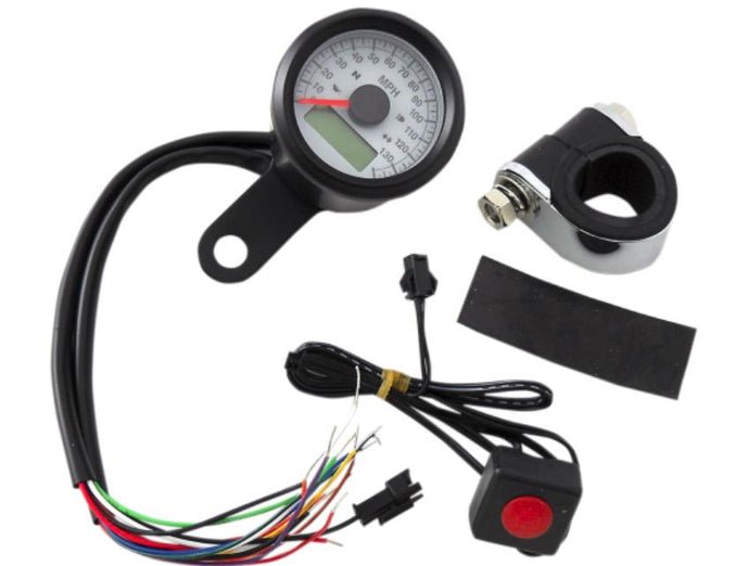 Drag Specialties 2210-0421 1-7/8in. Mini Programmable Electronic Speedometer w/ Indicator Lights - 120mph - White Face