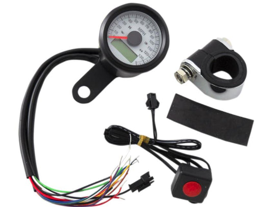 Drag Specialties 2210-0421 1-7/8in. Mini Programmable Electronic Speedometer w/ Indicator Lights - 120mph - White Face