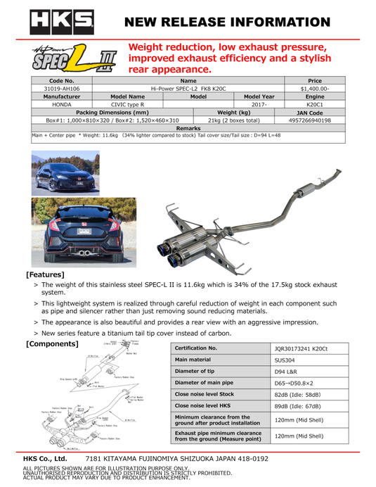 Hks 31019-AH106 HKS Exhaust - Hi-Power