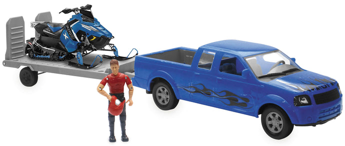 New Ray Toys SS-37406 1:18 Scale Blue F-150 Truck with Trailer and Polaris Switchback Snowmobile