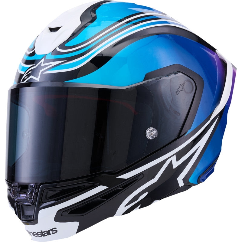 Load image into Gallery viewer, Alpinestars Supertech R7 Zeal Helmet (Small, Gloss Black/Blue/Fluo Pink/White)
