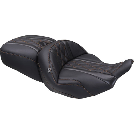 Mustang 89411MO One-Piece Deluxe Touring Seat - Black - Orange Diamond Stitching