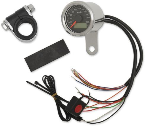 Drag Specialties 2210-0418 1-7/8in. Mini Programmable Electronic Speedometer w/ Indicator Lights - 220kph - Black Face