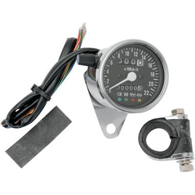 Drag Specialties 2210-0207 2.4in. Mini Mechanical Speedometers with Led Indicators - Ratio KM/H 1:1 - Black Face