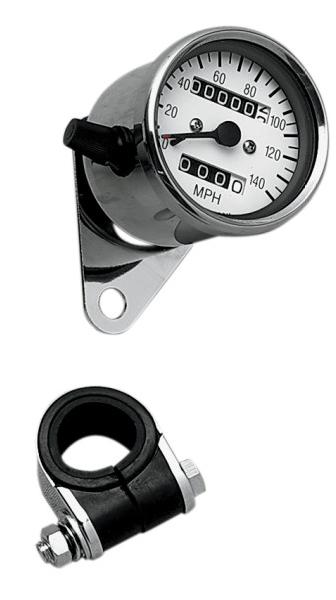 Drag Specialties DS-243836 2.4in. Mini Mechanical Speedometer - 140 MPH - 2:1 Ratio - White Face and Tripmeter