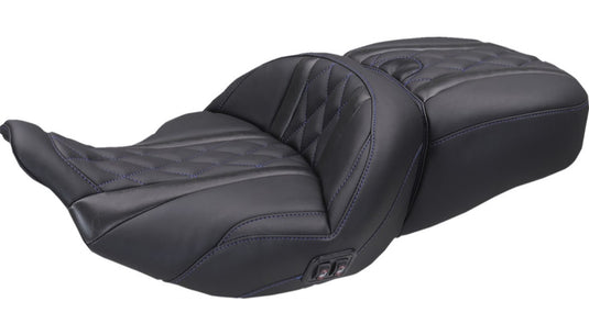 Mustang 89410SB Heated Super Touring One Piece 2-Up Seat - Deluxe Diamond - Sky Blue Stitch (Black)