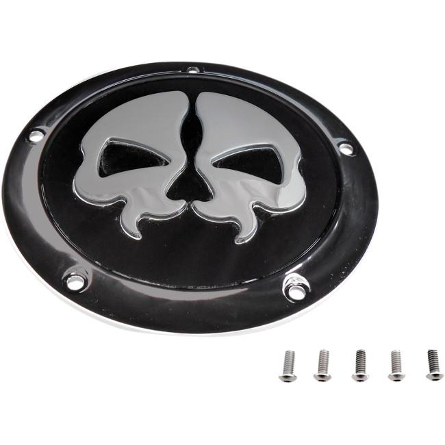 Drag Specialties 1107-0553 Split Skull Derby Cover - Black with Chrome Skull