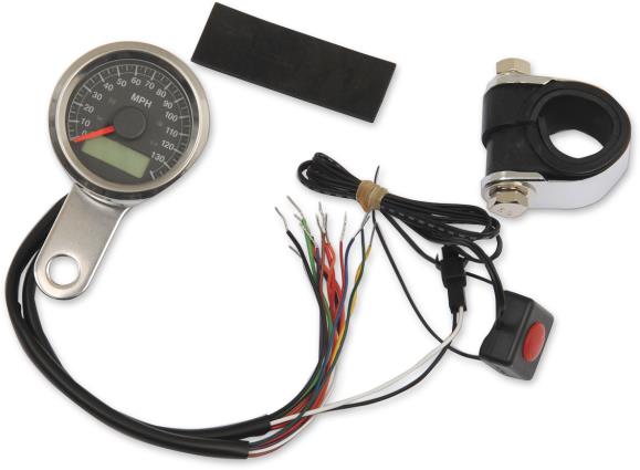 Drag Specialties 2210-0416 1-7/8in. Mini Programmable Electronic Speedometer w/ Indicator Lights - 120mph - Black Face