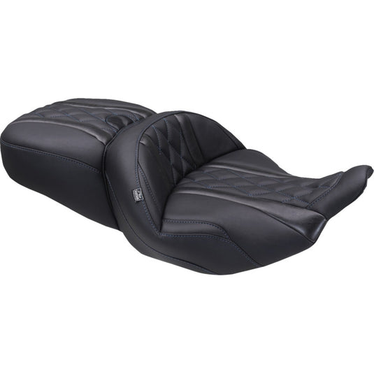 Mustang 89411SB One-Piece Deluxe Touring Seat - Black - Sky Blue Diamond Stitching