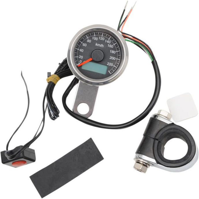 Drag Specialties 2210-0324 220 KM/H Mini Electronic Speedometer w/ Odometer/Tripmeter - Polished/Black Face - 1.87in.