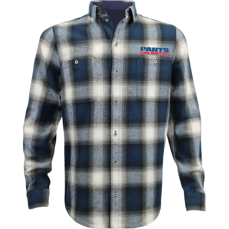Load image into Gallery viewer, Throttle Threads Parts Unlimited Flannel Shirt (Large, Blue/Black)
