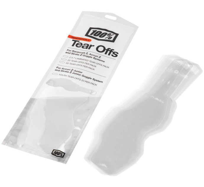 100% Standard Tear-Offs for Racecraft 2/Accuri 2/Stratus 2 Goggles - 20pk.