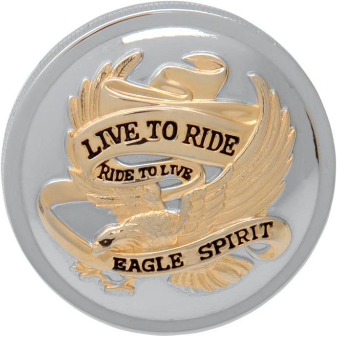 Drag Specialties DS-390148 Live To Ride Non-Vented Gas Cap - Chrome with Gold Insignia