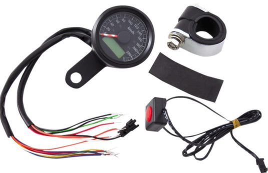 Drag Specialties 2210-0422 1-7/8in. Mini Programmable Electronic Speedometer w/ Indicator Lights - 220kph - Black Face