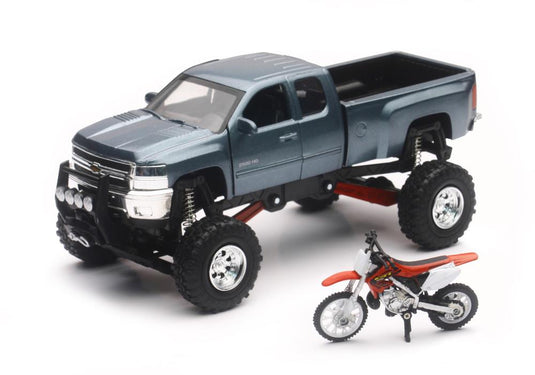 New Ray Toys SS-54426 1:43 Scale Gray Chevy Silverado 4x4 with Honda Dirt Bike