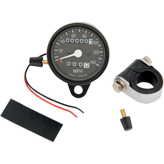 Drag Specialties 2210-0251 Mini Mechanical Speedometer - 2:1 Ratio with Black Face and Tripmeter