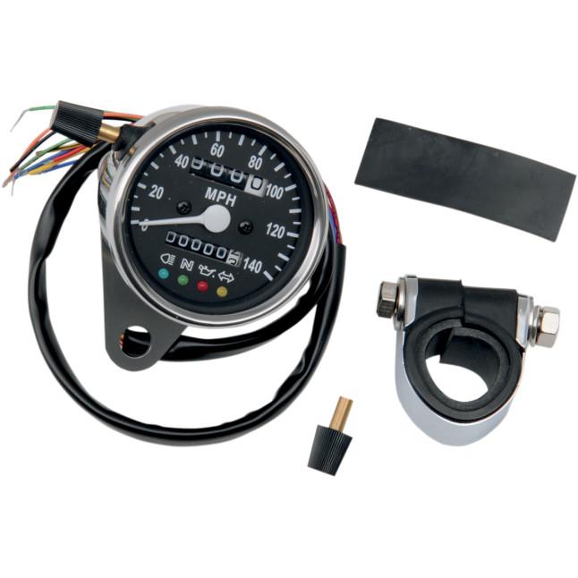 Drag Specialties 2210-0210 2.4in. Mini Mechanical Speedometers with Led Indicators - Ratio 2240:60 - Black Face