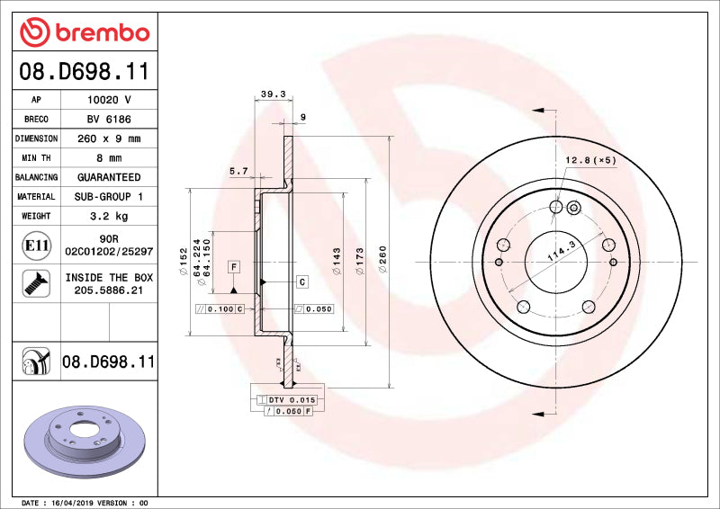 Load image into Gallery viewer, Brembo Oe 08.D698.11 BRE UV Coated OE Equiv Rotors

