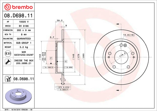 Brembo Oe 08.D698.11 BRE UV Coated OE Equiv Rotors